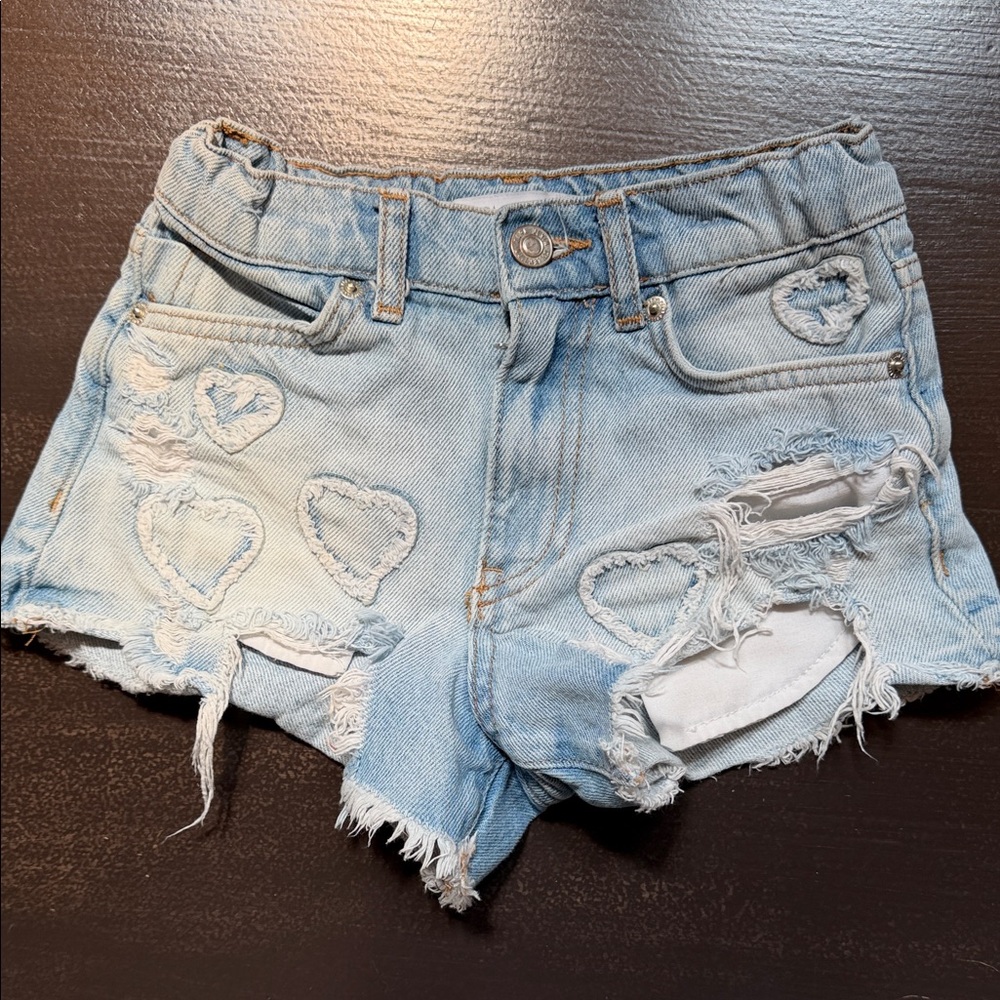 Zara Light Blue Distressed Denim Shorts with Heart Appliqués
